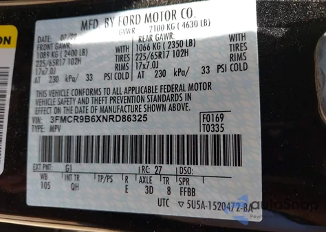 2022 Ford Bronco Sport Big Bend z USA, uszkodzony, nr VIN 3FMCR9B6XNRD86325